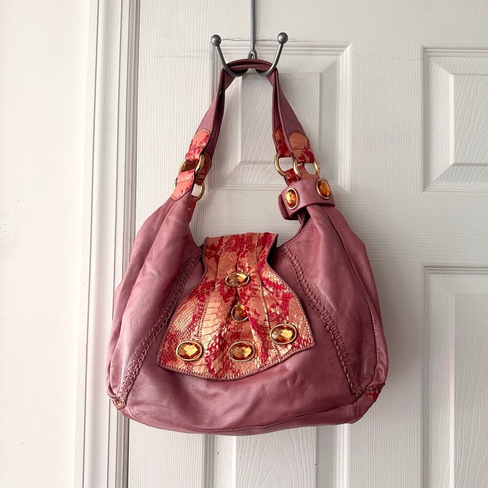 Chi by Falchi Pink Snake Trim Handle Large Amber Gemstones Hobo Bag Vintage